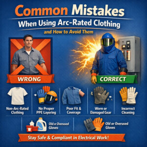 Electric worker safety infographic showing common mistakes in arc-rated clothing use and correct PPE practices for arc flash protection