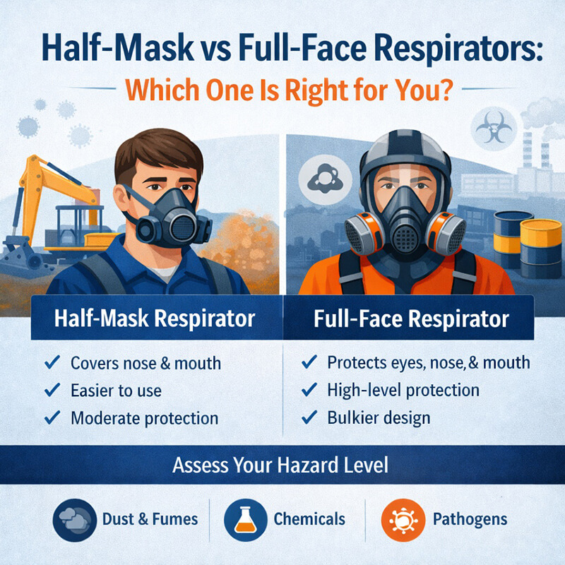 Illustration comparing half-mask and full-face respirators, showing protection levels, coverage, and applications against dust, chemicals, and pathogens in industrial environments