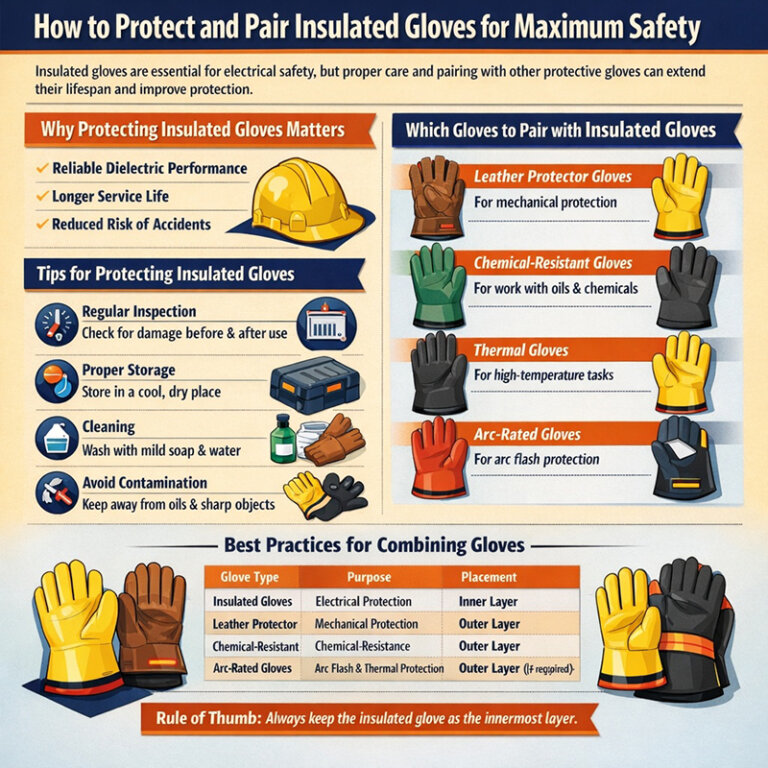 Infographic showing insulated glove protection tips and how to pair insulated gloves with leather, chemical-resistant, and arc-rated gloves for electrical safety