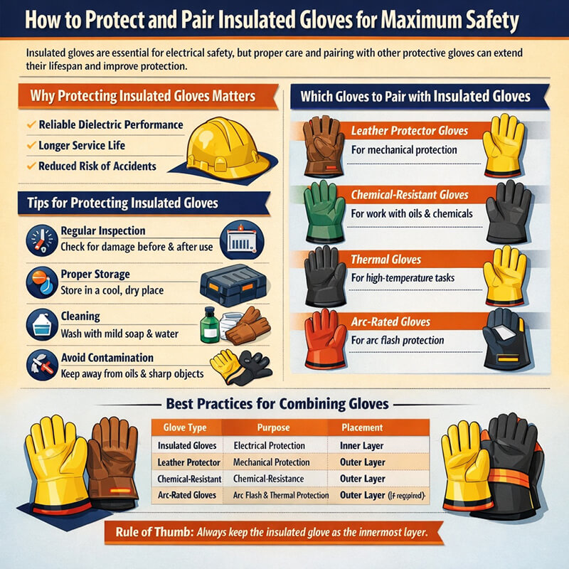 Infographic showing insulated glove protection tips and how to pair insulated gloves with leather, chemical-resistant, and arc-rated gloves for electrical safety