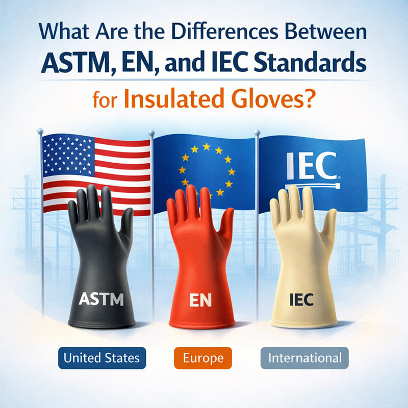 Three electrical insulating gloves labeled ASTM, EN, and IEC with corresponding flags and voltage protection icons, illustrating the differences in international safety standards for live electrical work.