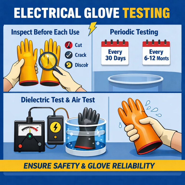 An orange insulated glove is undergoing an electrical test, demonstrating the steps of pre-use inspection, monthly testing, and dielectric/air pressure testing, emphasizing work safety and glove protection.