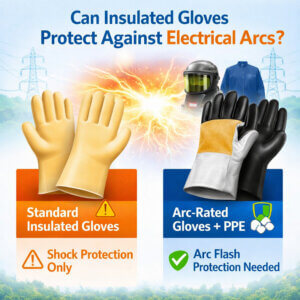 The illustration shows a comparison between standard insulating gloves and arc flash gloves + PPE, highlighting that standard gloves only offer protection against electric shock, while arc flash gloves provide protection against arc flash.