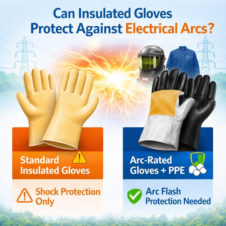 The illustration shows a comparison between standard insulating gloves and arc flash gloves + PPE, highlighting that standard gloves only offer protection against electric shock, while arc flash gloves provide protection against arc flash.