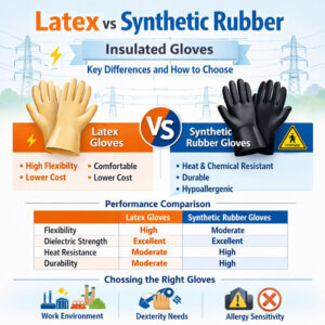 Comparison of latex and synthetic rubber insulated gloves showing flexibility, durability, heat resistance, and application differences for electrical safety