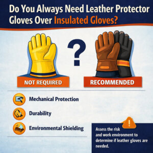 Infographic comparing insulated gloves with and without leather protector gloves, showing when leather gloves are recommended for electrical safety