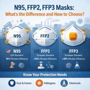 Comparison illustration of N95, FFP2, and FFP3 masks showing filtration efficiency and standards used for respiratory protection in industrial and medical environments