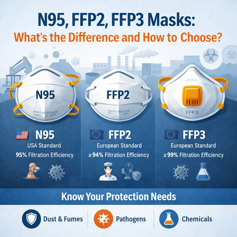 Comparison illustration of N95, FFP2, and FFP3 masks showing filtration efficiency and standards used for respiratory protection in industrial and medical environments