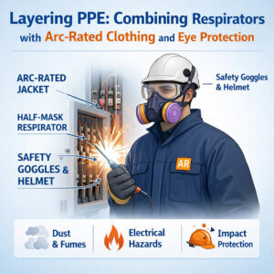 Worker wearing arc-rated clothing, half-mask respirator and safety goggles demonstrating proper PPE layering for protection against dust, fumes and electrical hazards