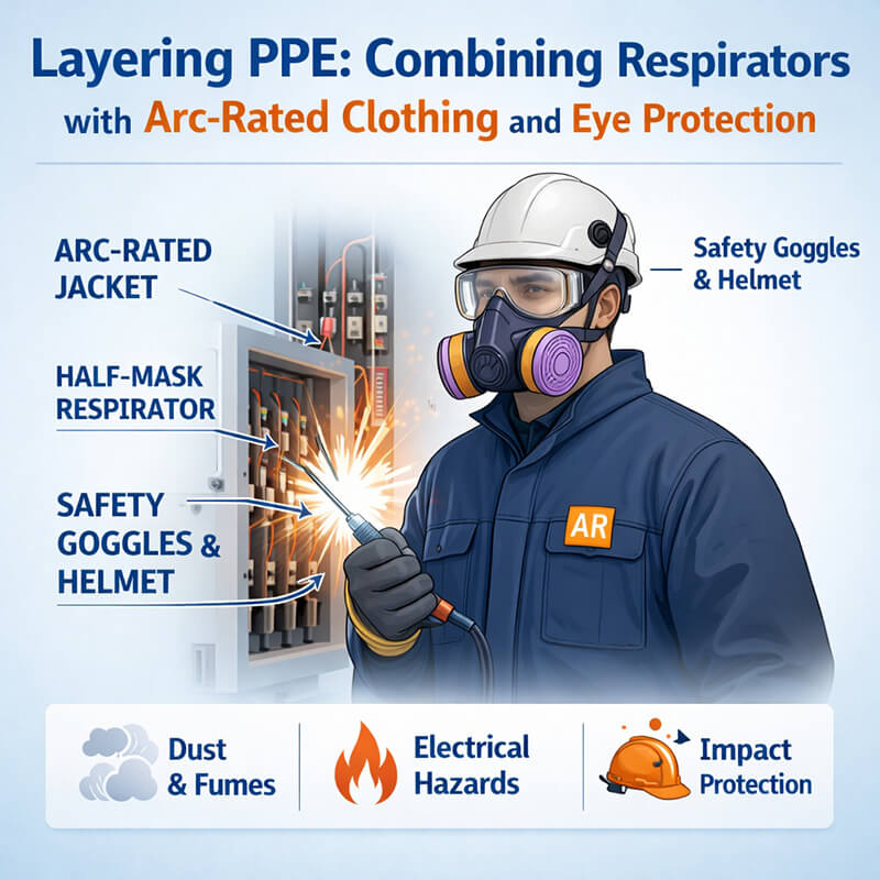 Worker wearing arc-rated clothing, half-mask respirator and safety goggles demonstrating proper PPE layering for protection against dust, fumes and electrical hazards
