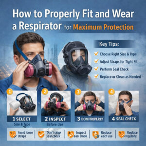 Worker putting on a half-mask respirator with visual steps showing selection, inspection, donning, and seal check, emphasizing proper fit and maintenance for maximum respiratory protection in dusty or fume-heavy work environments.
