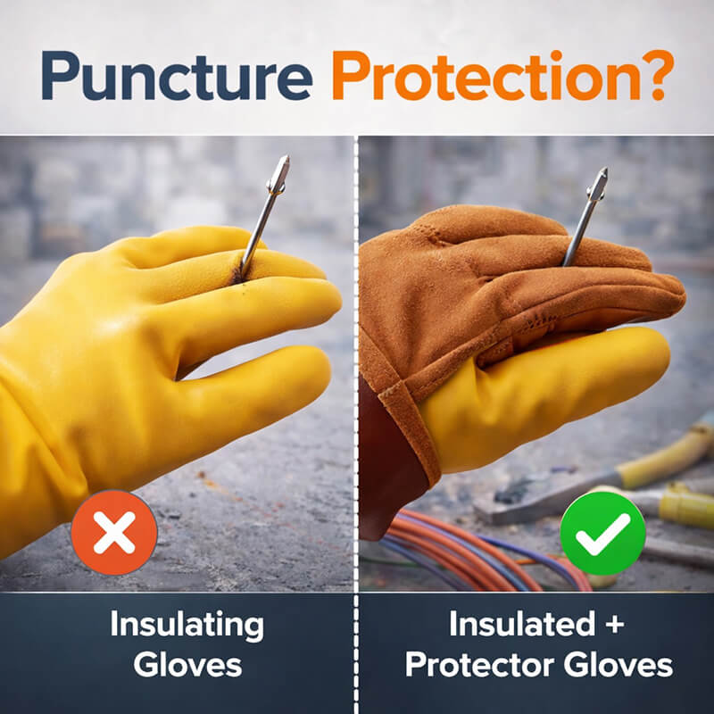 Insulating gloves alone vs insulating gloves with leather protector gloves for puncture protection comparison