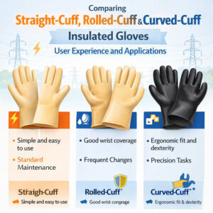 Comparison of straight-cuff, rolled-cuff, and curved-cuff insulated gloves showing differences in comfort, wrist protection, and usability for electrical work