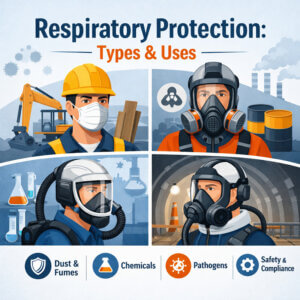 Illustration showing different types of respiratory protection including disposable masks, half-mask respirators, full-face respirators, and powered air-purifying respirators used in industrial environments