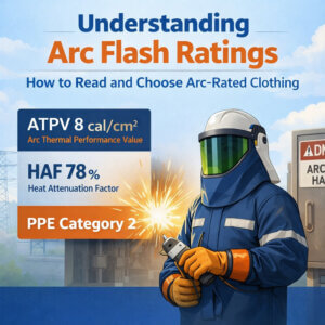 Electrical worker in arc-rated clothing with ATPV and HAF arc flash rating indicators for PPE selection