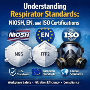 Three respirators representing NIOSH (N95), EN (FFP2), and ISO standards, with certification logos and icons for U.S., European, and global workplace standards.
