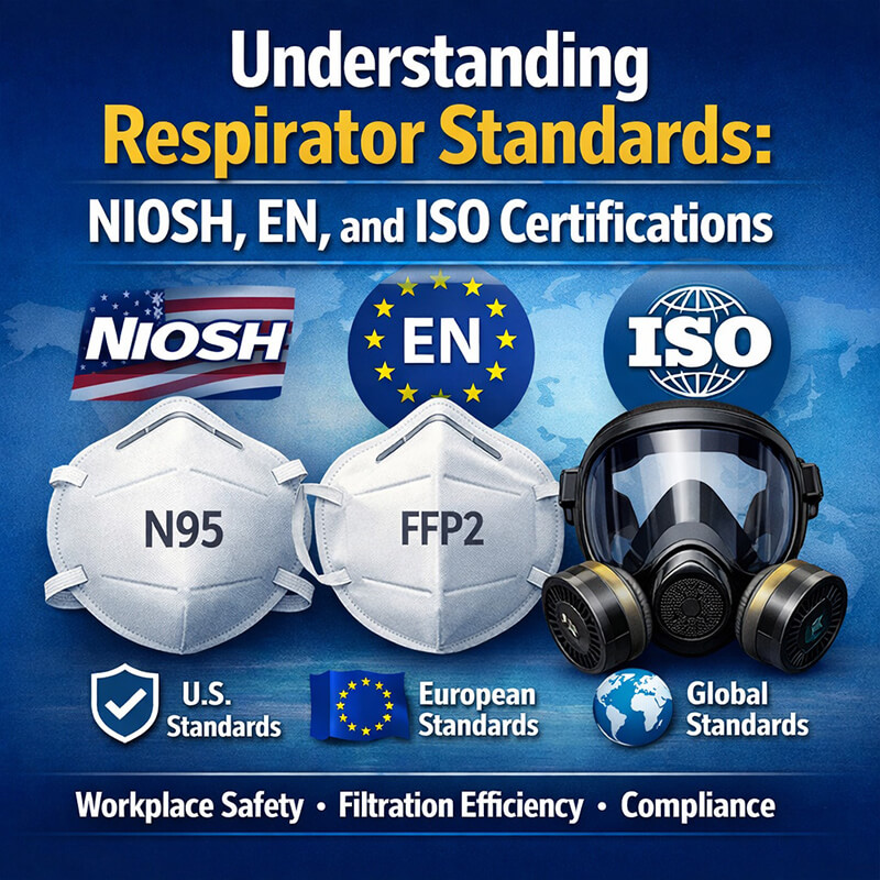 Three respirators representing NIOSH (N95), EN (FFP2), and ISO standards, with certification logos and icons for U.S., European, and global workplace standards.