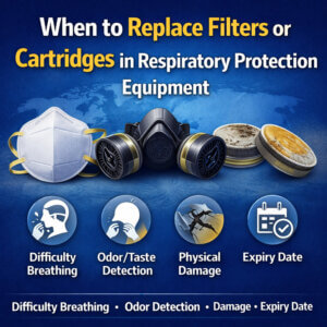N95 and full-face respirators with filters and cartridges, accompanied by icons representing difficulty breathing, odor detection, physical damage, and expiry date to indicate when to replace respiratory protection components.