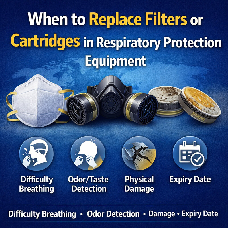 N95 and full-face respirators with filters and cartridges, accompanied by icons representing difficulty breathing, odor detection, physical damage, and expiry date to indicate when to replace respiratory protection components.