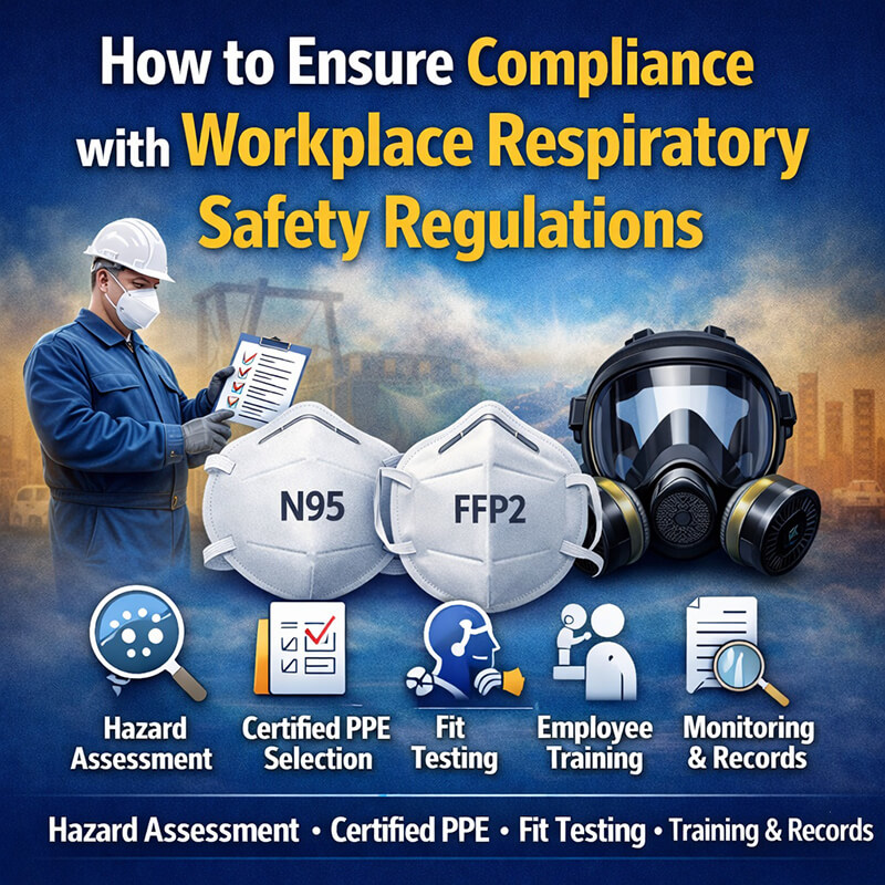 Worker in PPE performing hazard assessment and fit testing with N95, FFP2, and full-face respirators, alongside icons representing certified PPE selection, employee training, and monitoring records for respiratory safety compliance.