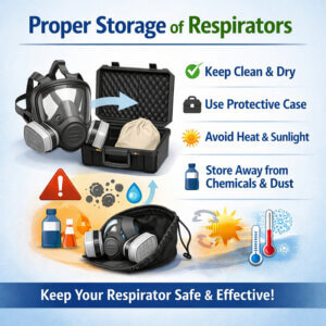 Respirator stored in protective case with icons showing clean storage, avoiding heat, dust, and chemicals for PPE safety