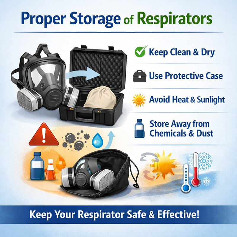 Respirator stored in protective case with icons showing clean storage, avoiding heat, dust, and chemicals for PPE safety