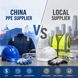 Comparison graphic showing China PPE supplier versus local supplier with safety helmets, workwear, gloves, and industrial PPE products for contractor sourcing decisions.