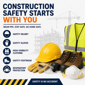 Construction workers wearing personal protective equipment including safety helmets, high-visibility vests, gloves, and safety boots on a job site