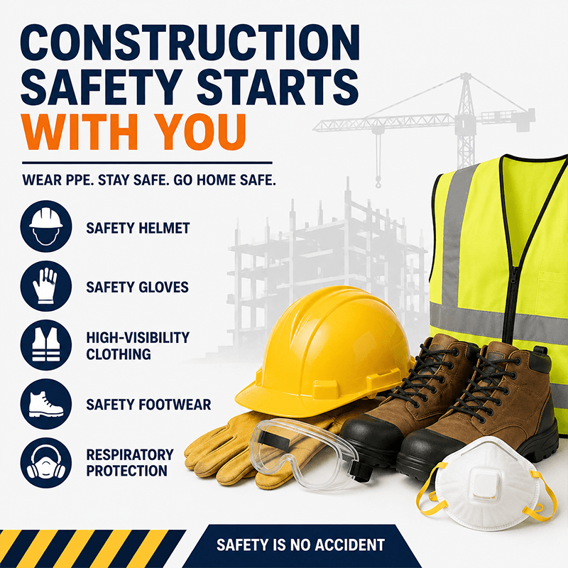 Construction workers wearing personal protective equipment including safety helmets, high-visibility vests, gloves, and safety boots on a job site
