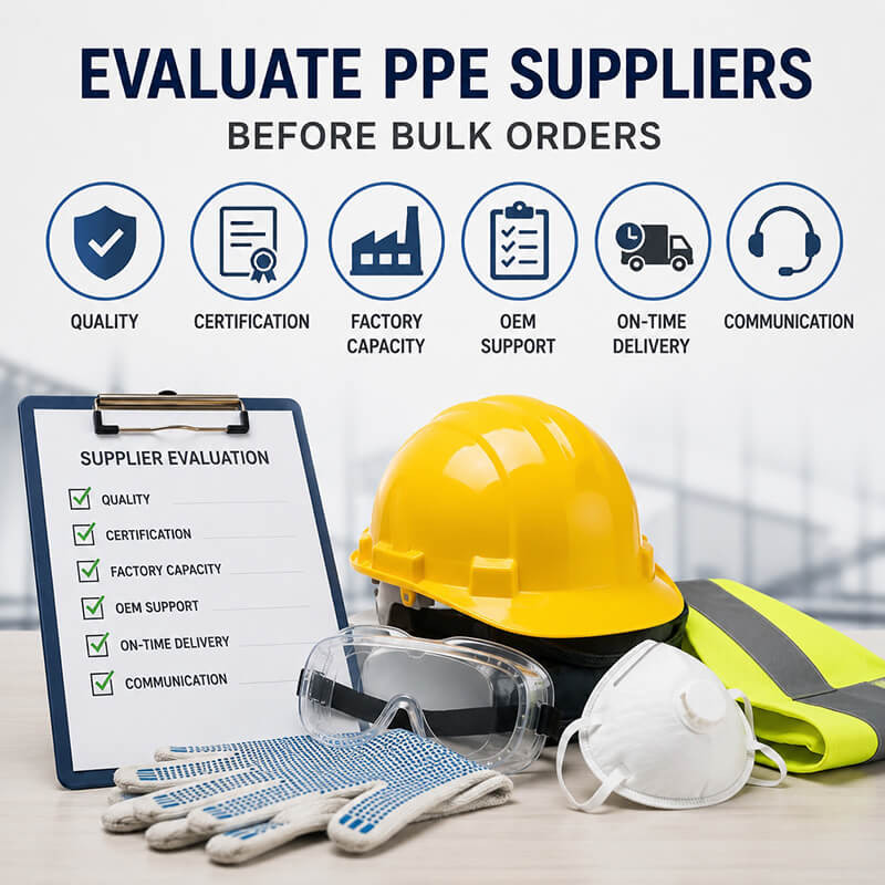 PPE supplier evaluation infographic with safety helmet, gloves, goggles, mask, and checklist showing quality, certification, factory capacity, OEM support, delivery, and communication.