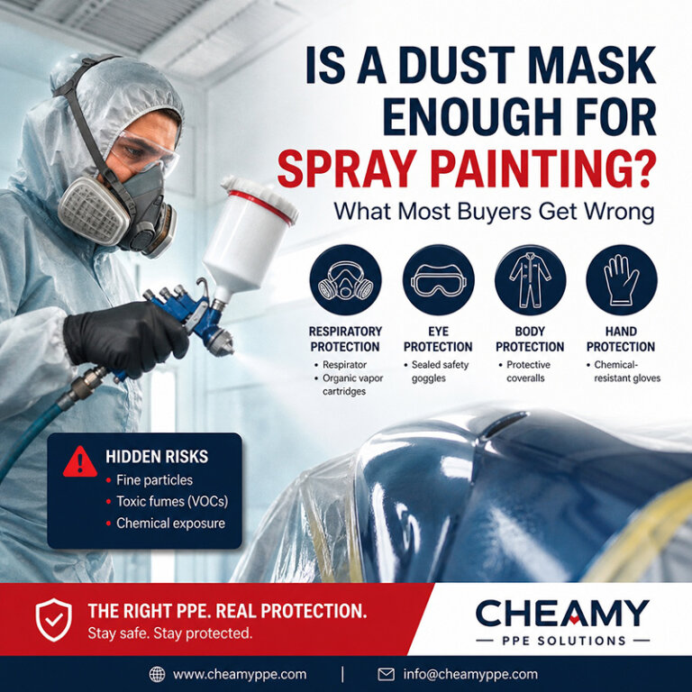 Spray painting PPE infographic showing a worker in full protective gear and correct safety equipment including respirator, goggles, coveralls, and gloves, warning that dust masks are not enough protection.