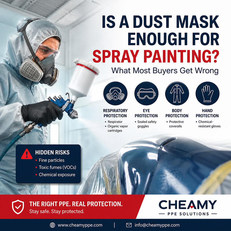 Spray painting PPE infographic showing a worker in full protective gear and correct safety equipment including respirator, goggles, coveralls, and gloves, warning that dust masks are not enough protection.