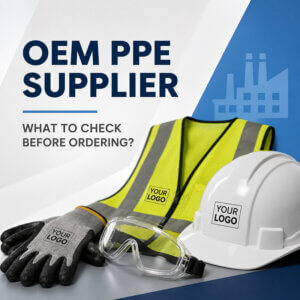 Customized PPE products including safety helmet, reflective vest, gloves, and safety goggles with logo printing for OEM PPE supplier selection.