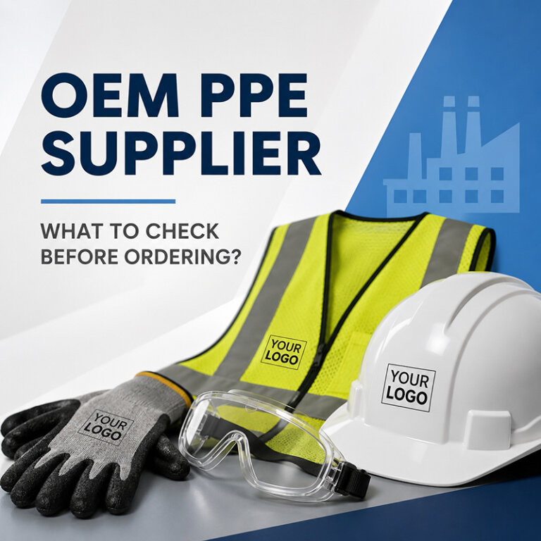 Customized PPE products including safety helmet, reflective vest, gloves, and safety goggles with logo printing for OEM PPE supplier selection.