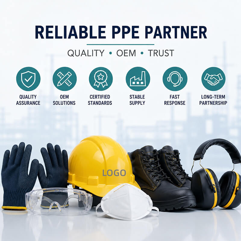 PPE manufacturer infographic showing OEM solutions, quality control, certified standards, stable supply, fast response, and long-term partnership concepts.