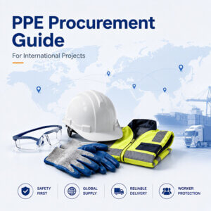 PPE safety equipment including helmet, gloves, vest, and goggles over a world map background representing international PPE procurement guide.
