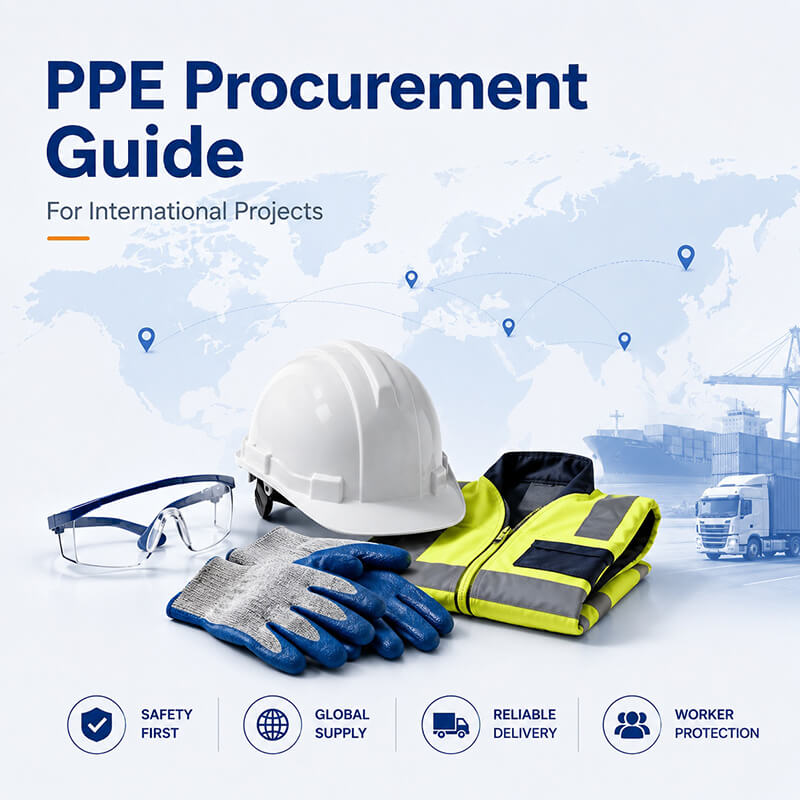 PPE safety equipment including helmet, gloves, vest, and goggles over a world map background representing international PPE procurement guide.