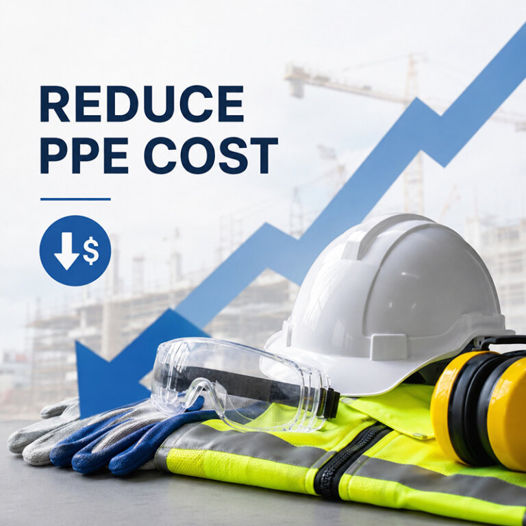 Construction PPE including helmet, gloves, safety glasses, earmuffs, and reflective vest with cost reduction concept for large industrial projects.