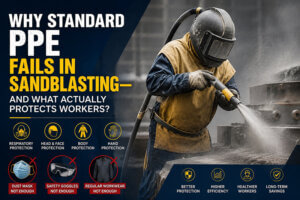 sandblasting worker wearing full PPE including respirator helmet and protective suit in high dust industrial environment