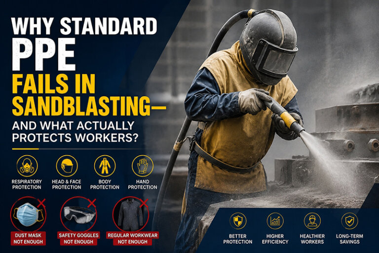 sandblasting worker wearing full PPE including respirator helmet and protective suit in high dust industrial environment