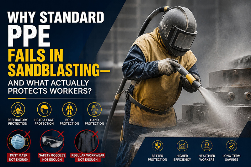 sandblasting worker wearing full PPE including respirator helmet and protective suit in high dust industrial environment