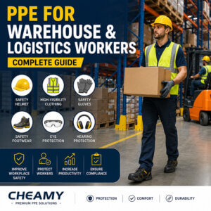 Warehouse worker wearing PPE including safety helmet, high-visibility vest, gloves, and safety shoes inside a logistics warehouse, with infographic icons showing required protective equipment