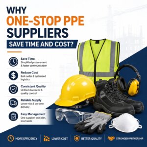 One-stop PPE supplier infographic showing benefits including time saving, cost reduction, better quality, reliable supply, and easier management for industrial procurement.