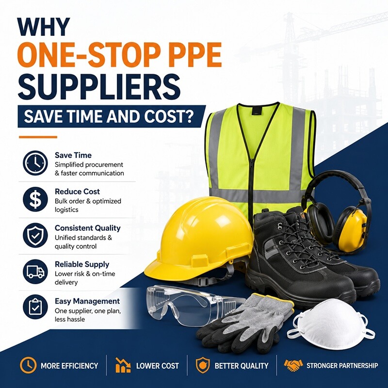 One-stop PPE supplier infographic showing benefits including time saving, cost reduction, better quality, reliable supply, and easier management for industrial procurement.