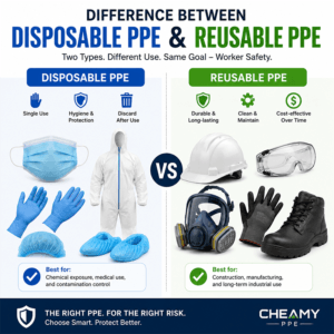 Infographic titled "Difference Between Disposable PPE and Reusable PPE" showing a side-by-side comparison of disposable and reusable personal protective equipment. Disposable items include a face mask, nitrile gloves, protective coverall, hair net, and shoe covers, while reusable PPE includes a safety helmet, safety goggles, full-face respirator, durable work gloves, and safety boots, highlighting their different applications in workplace safety.