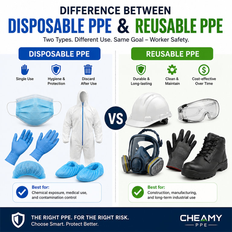 Infographic titled "Difference Between Disposable PPE and Reusable PPE" showing a side-by-side comparison of disposable and reusable personal protective equipment. Disposable items include a face mask, nitrile gloves, protective coverall, hair net, and shoe covers, while reusable PPE includes a safety helmet, safety goggles, full-face respirator, durable work gloves, and safety boots, highlighting their different applications in workplace safety.