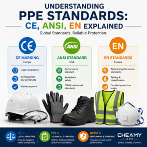 Infographic titled "Understanding PPE Standards: CE, ANSI & EN Explained" featuring CE, ANSI, and EN comparison panels with icons and common PPE including a safety helmet, safety glasses, protective gloves, safety boots, a high-visibility vest, and a disposable respirator, illustrating global PPE safety standards and compliance.