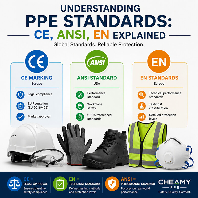 Infographic titled "Understanding PPE Standards: CE, ANSI & EN Explained" featuring CE, ANSI, and EN comparison panels with icons and common PPE including a safety helmet, safety glasses, protective gloves, safety boots, a high-visibility vest, and a disposable respirator, illustrating global PPE safety standards and compliance.