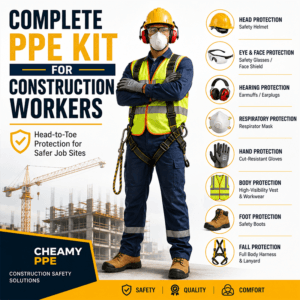 Construction worker wearing a complete PPE kit with safety helmet, safety glasses, respirator, earmuffs, high-visibility vest, gloves, safety boots, and fall protection harness on a construction site.