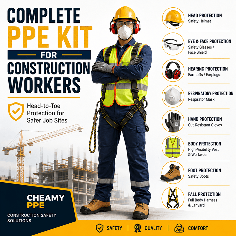 Construction worker wearing a complete PPE kit with safety helmet, safety glasses, respirator, earmuffs, high-visibility vest, gloves, safety boots, and fall protection harness on a construction site.